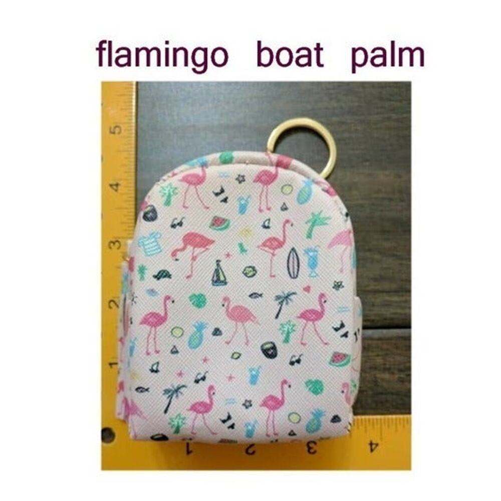 FLAMINGO Palm Mini Backpack Key Chain Hook Coin Card Holder Pouch Purse Wallet